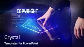  Presentation with security - PPT theme consisting of hand-touching-digital-table background and a navy blue colored foreground