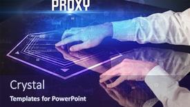  Presentation with security - Beautiful theme featuring hand-touching-digital-table backdrop and a navy blue colored foreground