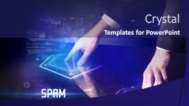  Presentation with spam - Presentation theme having hand-touching-digital-table background and a navy blue colored foreground
