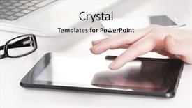  Presentation with social media - Slides with hand touching digital tablet social background and a sky blue colored foreground