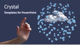  Presentation with connecting - Slide deck with hand touching digitally generated connecting icons against blue background background and a ocean colored foreground