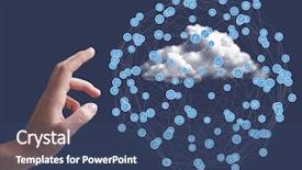 Presentation with cloud computing - Slide deck consisting of hand touching digitally generated icons of cloud computing concept background and a ocean colored foreground