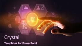  Presentation with new technology - Amazing PPT theme having hand-touching-ico-inscription-new backdrop and a wine colored foreground