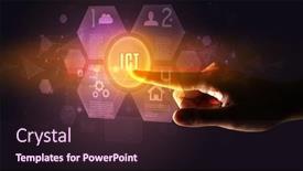  Presentation with new technology - Beautiful PPT theme featuring hand-touching-ict-inscription-new backdrop and a wine colored foreground