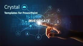  Presentation with investigate - Beautiful PPT layouts featuring hand-touching-investigate-inscription-cybersecurity backdrop and a ocean colored foreground