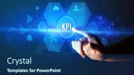  Presentation with new technology - PPT theme enhanced with hand-touching-kpi-inscription-new background and a ocean colored foreground