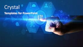  Presentation with new technology - Colorful slide deck enhanced with hand-touching-lte-inscription-new backdrop and a teal colored foreground