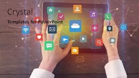  Presentation with wifi - Slides featuring hand touching multitask tablet with cloud wifi message social media call icons and symbols concept background and a violet colored foreground