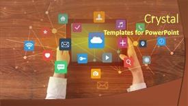  Presentation with wifi - Slide set featuring hand touching multitask tablet with cloud wifi message social media call icons and symbols concept background and a tawny brown colored foreground