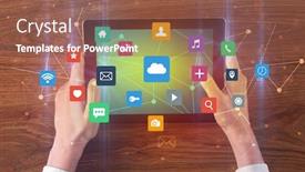  Presentation with wifi - Slides consisting of hand touching multitask tablet with cloud wifi message social media call icons and symbols concept background and a tawny brown colored foreground