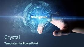  Presentation with hiring - Slide set enhanced with hand-touching-now-hiring-button background and a ocean colored foreground