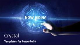  Presentation with hiring - Colorful presentation theme enhanced with hand-touching-now-hiring-button backdrop and a navy blue colored foreground