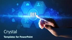  Presentation with new technology - Cool new presentation theme with hand-touching-okr-inscription-new backdrop and a ocean colored foreground