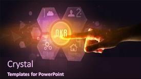  Presentation with new technology - Colorful PPT theme enhanced with hand-touching-okr-inscription-new backdrop and a wine colored foreground