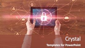  Presentation with cloud security - Colorful slide set enhanced with hand touching online network security backdrop and a tawny brown colored foreground