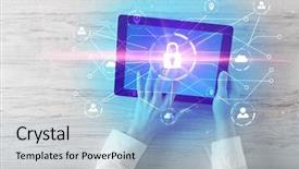  Presentation with network security - Slide deck with hand touching online network security background and a light blue colored foreground