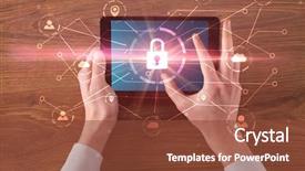  Presentation with network security - Slide set with hand touching online network security background and a tawny brown colored foreground