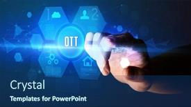  Presentation with new technology - Slide set consisting of hand-touching-ott-inscription-new background and a ocean colored foreground