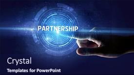  Presentation with partnership - Cool new presentation design with hand-touching-partnership-button-modern backdrop and a navy blue colored foreground