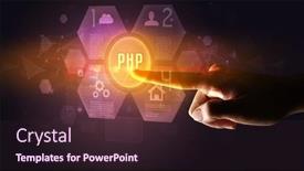  Presentation with new technology - Beautiful PPT theme featuring hand-touching-php-inscription-new backdrop and a wine colored foreground
