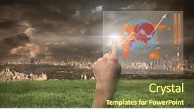  Presentation with city map - Presentation theme enhanced with digital composite of hand touching pointing world map interface with city background and a tawny brown colored foreground