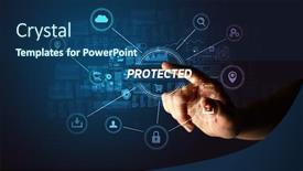  Presentation with cybersecurity - PPT layouts featuring hand-touching-protected-inscription-cybersecurity background and a ocean colored foreground