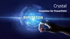  Presentation with reputation - Colorful PPT layouts enhanced with hand-touching-reputation-button-modern backdrop and a navy blue colored foreground