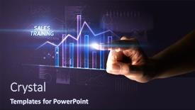  Presentation with business training - Colorful slides enhanced with hand-touching-sales-training-button backdrop and a wine colored foreground