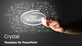  Presentation with business training - Slides enhanced with hand-touching-sales-training-inscription background and a dark gray colored foreground