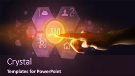  Presentation with new technology - Slide set consisting of hand-touching-seo-inscription-new background and a wine colored foreground