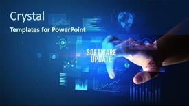  Presentation with business update - Cool new PPT theme with hand-touching-software-update-inscription backdrop and a ocean colored foreground