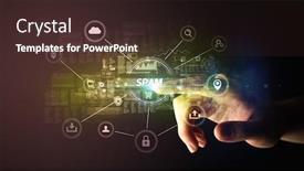  Presentation with spam - Slide set enhanced with hand-touching-spam-inscription-cybersecurity background and a wine colored foreground