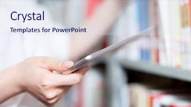  Presentation with digital library - Colorful PPT theme enhanced with hand touching tablet in library backdrop and a sky blue colored foreground