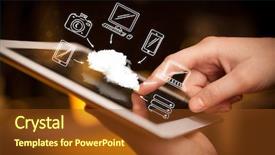  Presentation with tablet - Theme having hand touching tablet pc mobile background and a  colored foreground