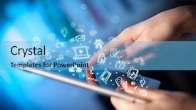  Presentation with social media - Beautiful PPT theme featuring hand touching tablet pc social backdrop and a light blue colored foreground