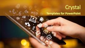  Presentation with quit social media - Colorful presentation design enhanced with hand touching tablet pc social media concept backdrop and a tawny brown colored foreground