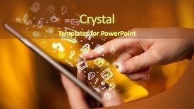  Presentation with social media - PPT layouts with hand touching tablet pc social background and a tawny brown colored foreground