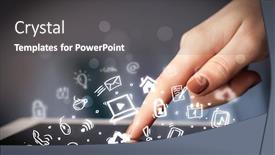  Presentation with social media - Colorful slide deck enhanced with hand touching tablet pc social media concept backdrop and a dark gray colored foreground