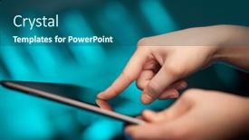  Presentation with tablet - Audience pleasing presentation design consisting of hand-touching-tablet-pc backdrop and a ocean colored foreground