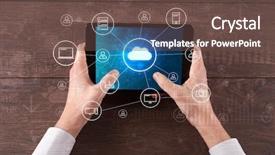  Presentation with cloud computing - Amazing presentation theme having hand touching tablet with cloud backdrop and a tawny brown colored foreground