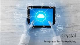  Presentation with cloud computing - Beautiful theme featuring computer operating system - hand touching tablet with cloud backdrop and a  colored foreground
