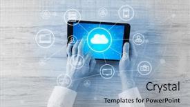  Presentation with cloud computing - Slides with computer operating system - hand touching tablet with cloud background and a  colored foreground