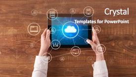  Presentation with cloud computing security - Slides with computer operating system - hand touching tablet with cloud background and a  colored foreground