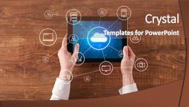  Presentation with cloud computing - PPT theme with unified - hand touching tablet with cloud background and a tawny brown colored foreground