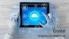  Presentation with cloud computing - Presentation theme with unified - hand touching tablet with cloud background and a light blue colored foreground