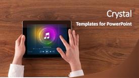  Presentation with play - Amazing presentation theme having hand touching tablet with music backdrop and a tawny brown colored foreground