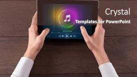  Presentation with play - Cool new PPT layouts with jazz free - hand touching tablet with music backdrop and a tawny brown colored foreground