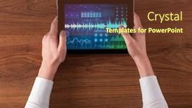  Presentation with sound - Audience pleasing presentation theme consisting of hand touching tablet with waveforms backdrop and a tawny brown colored foreground