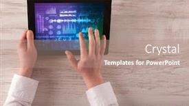  Presentation with sound - Presentation theme enhanced with hand touching tablet with waveforms and sound design concept background and a coral colored foreground