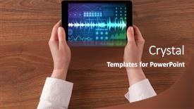  Presentation with sound - Beautiful slide deck featuring hand touching tablet with waveforms and sound design concept backdrop and a tawny brown colored foreground